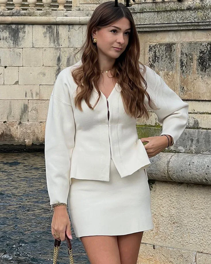 V-Neck Cardigan and High Waist Mini Skirts   