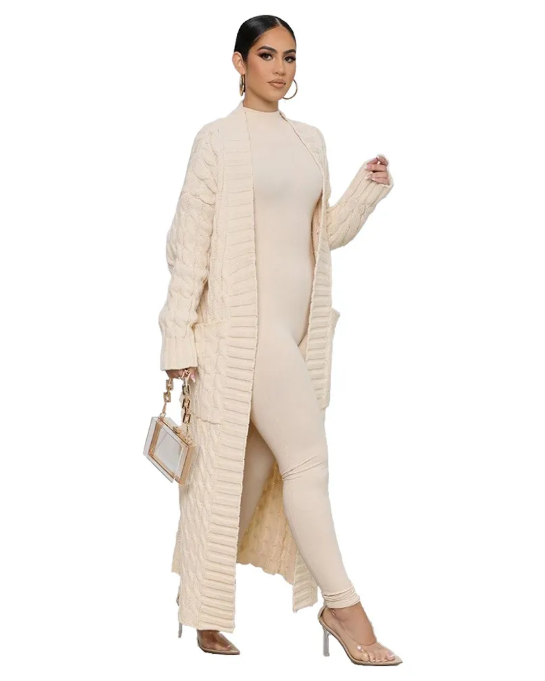 Long Knitted Cardigan V Neck Trench Coat Cream color S 