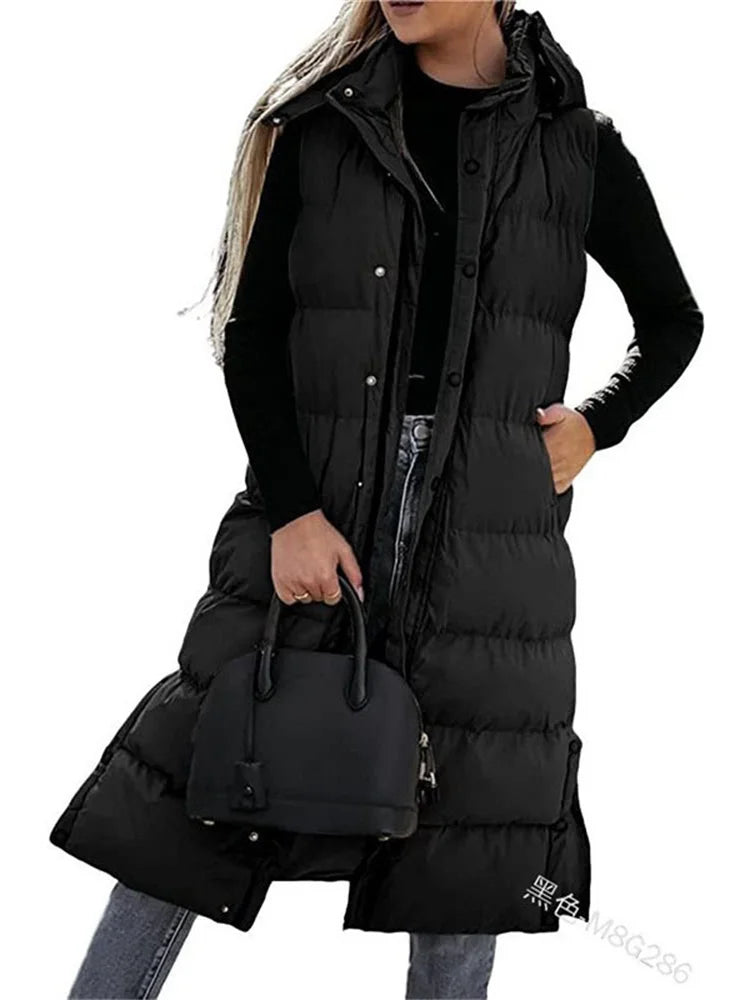 Long Hooded Sleeveless Puffer Jacket