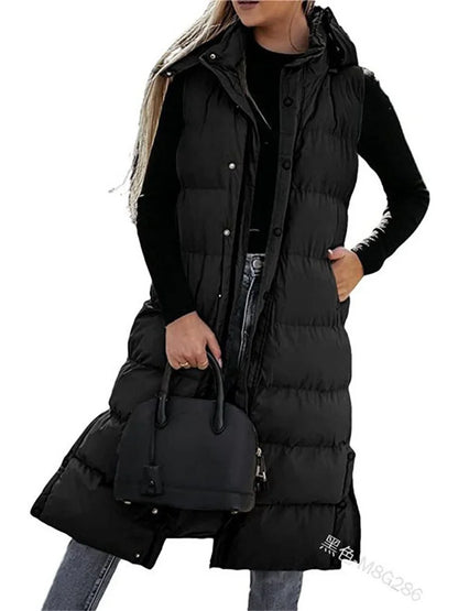 Long Hooded Sleeveless Puffer Jacket