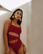 One piece flower cutout bikini cut swimsuit M Wine red
