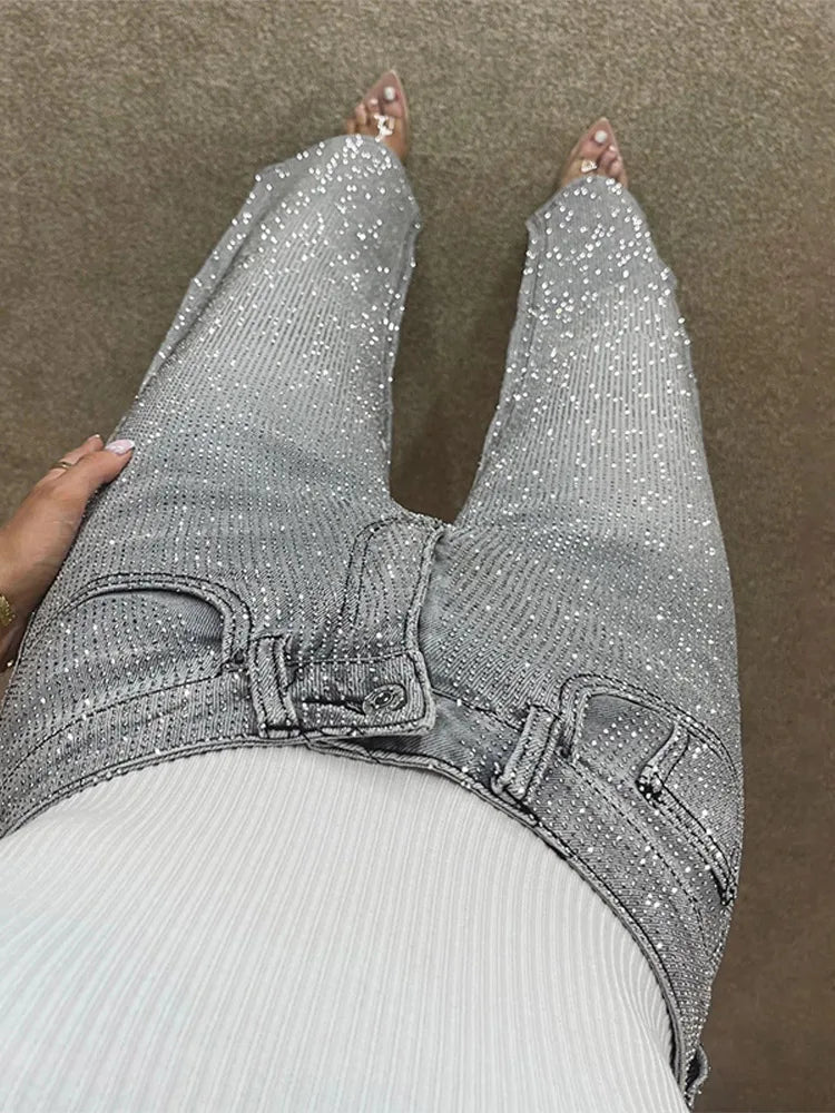 Shiny Rhinestone Wide Leg Jeans
