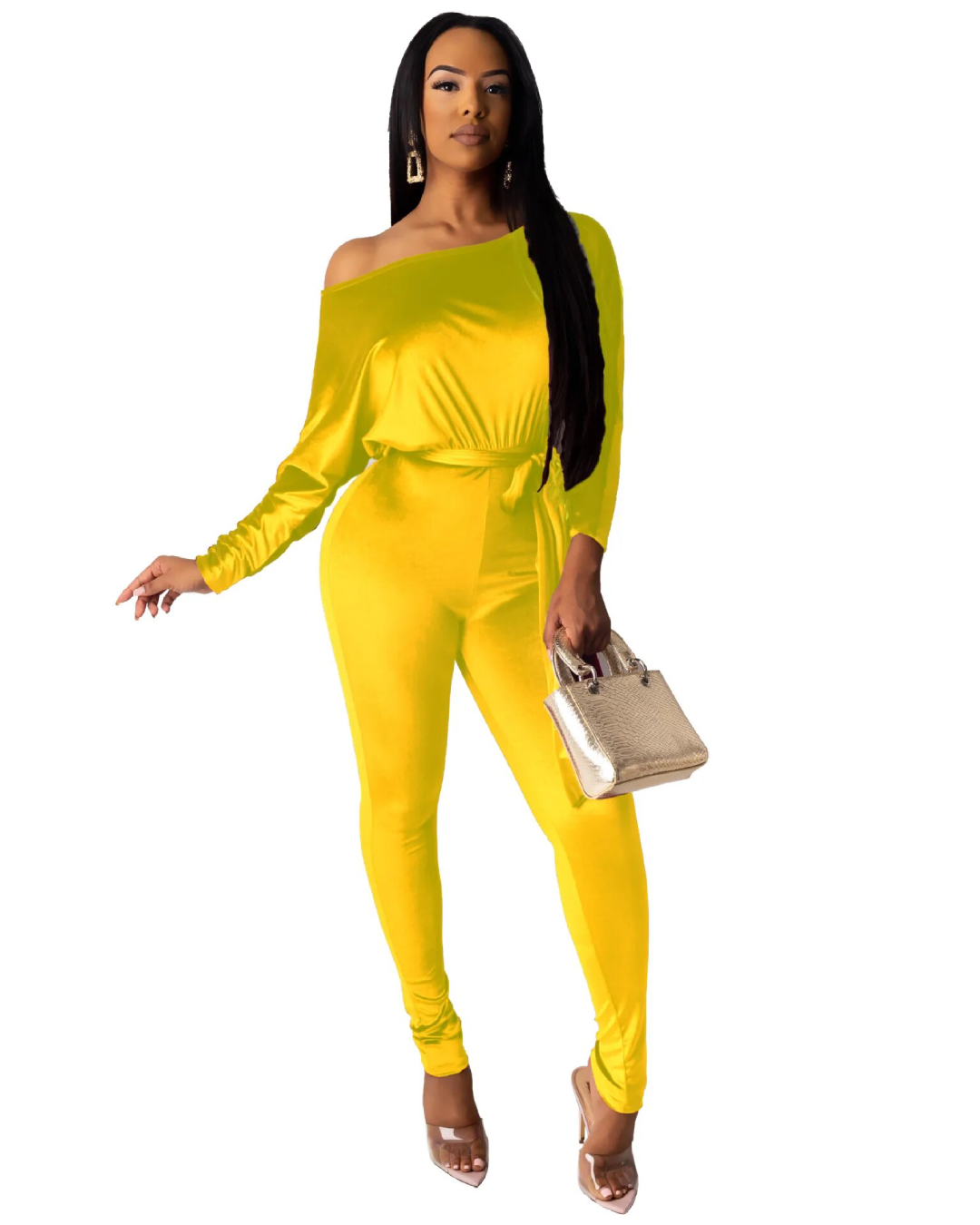 One Shoulder Velour Jumpsuit Gold S 