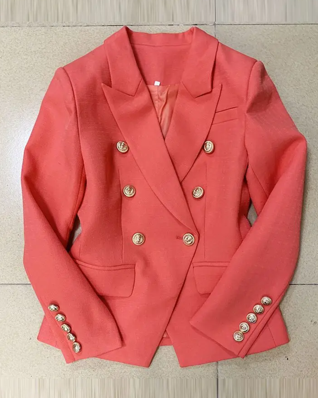 Double Breasted Textured Blazer Coral Red S 