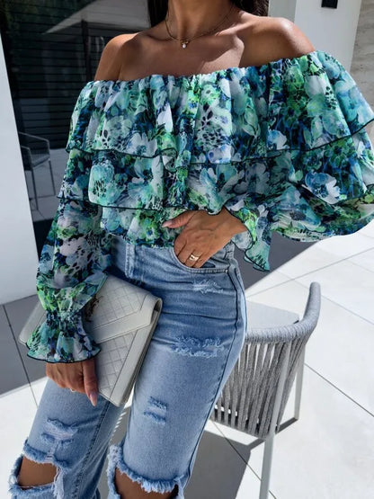 Boho Floral Off-Shoulder Long Sleeve Blouse Green S