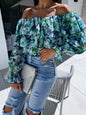 Boho Floral Off-Shoulder Long Sleeve Blouse Green S