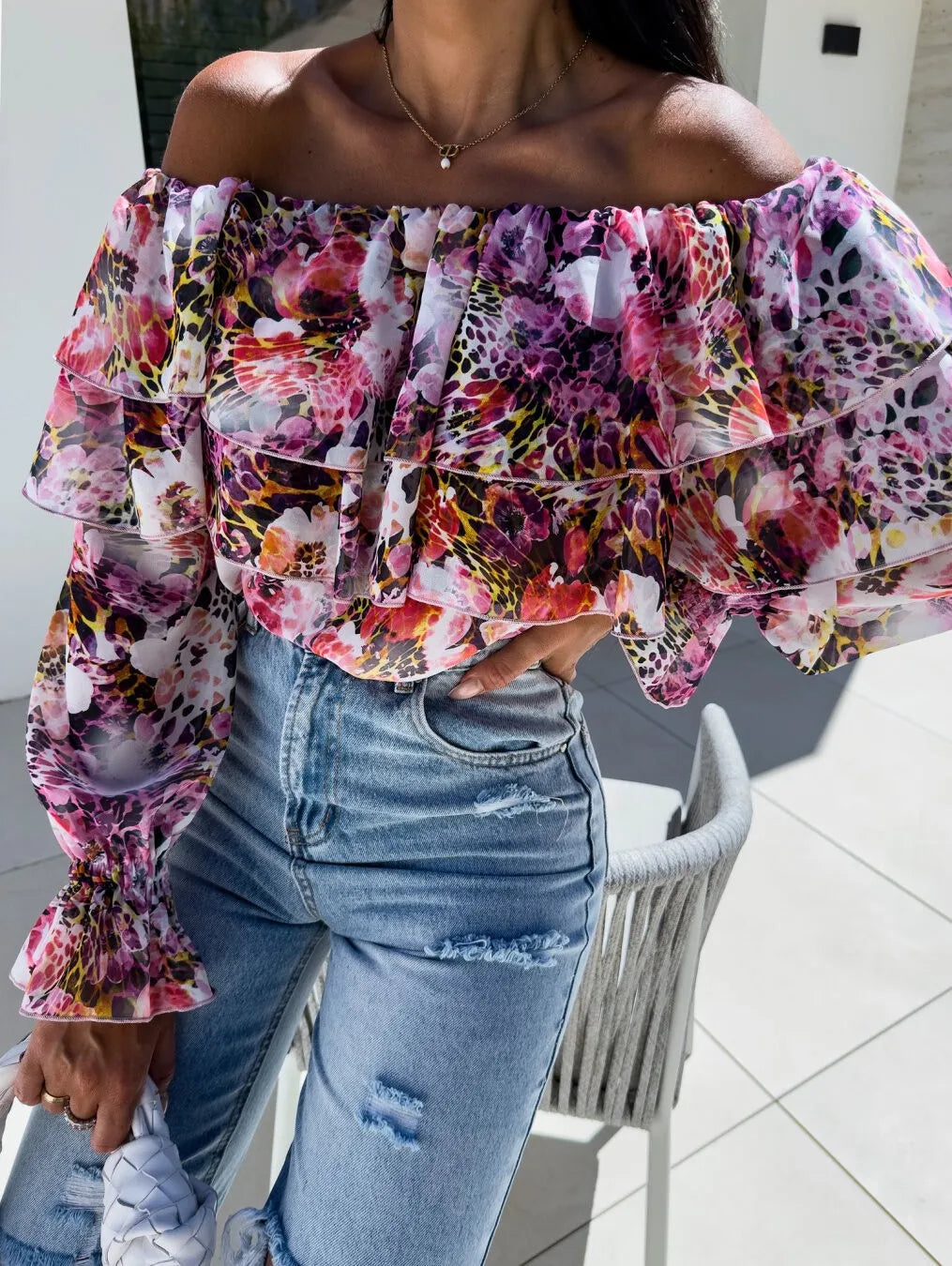 Boho Floral Off-Shoulder Long Sleeve Blouse Multicolour S