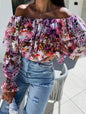 Boho Floral Off-Shoulder Long Sleeve Blouse Multicolour S