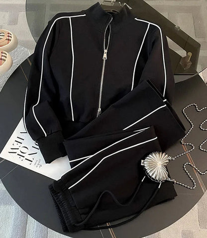 Cozy Striped Contrast Sweatshirt Pants Set Women Casual Lapel Full Sleeve Zipper Tops Long Trousers 2025 Autumn Lady Sportswear