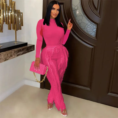 Long Sleeve Bodysuit Top and Tassel Pants Outfit Rose Red S