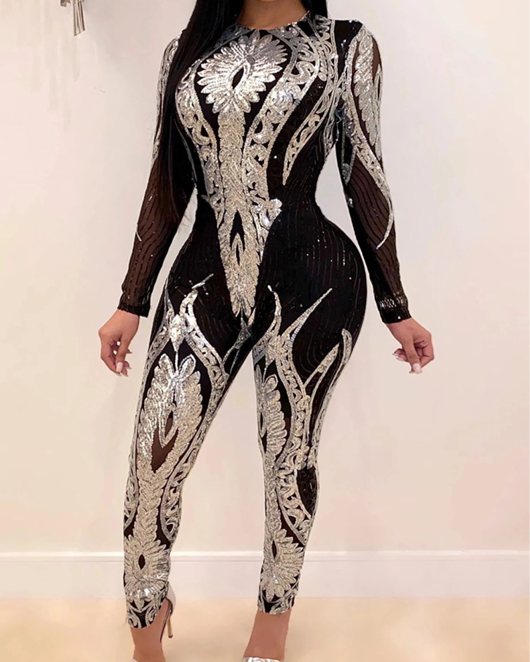 Long sleeve Sequin Bodycon Jumpsuit Silver S 