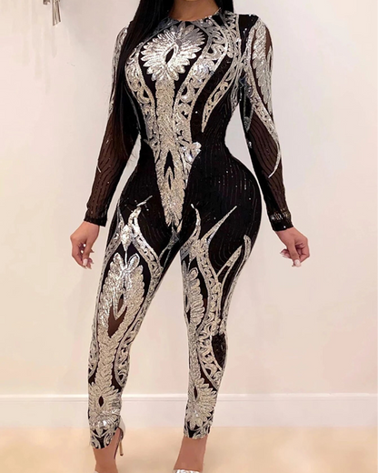 Long sleeve Sequin Bodycon Jumpsuit Silver S 
