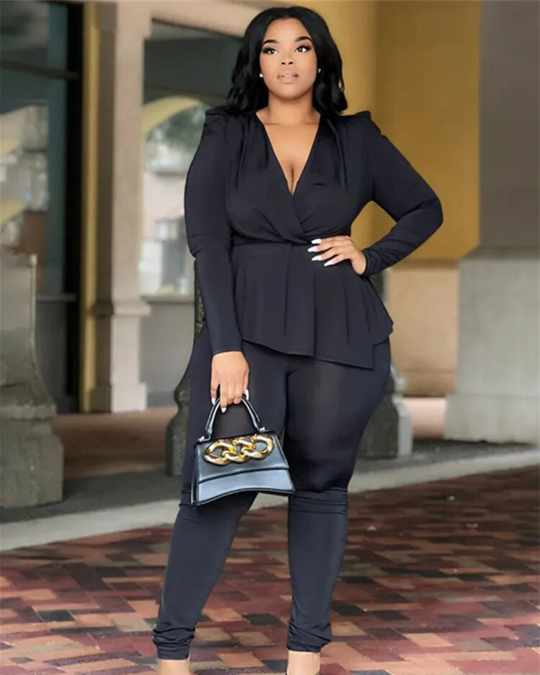 Plus Size Matching Top & Leggings Set Black L 