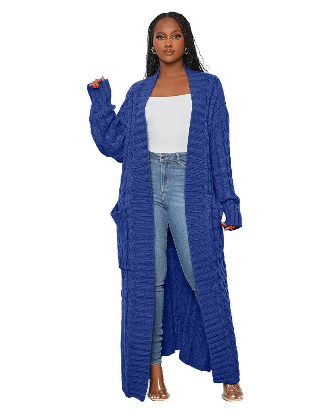 Long Knitted Cardigan V Neck Trench Coat Blue S 