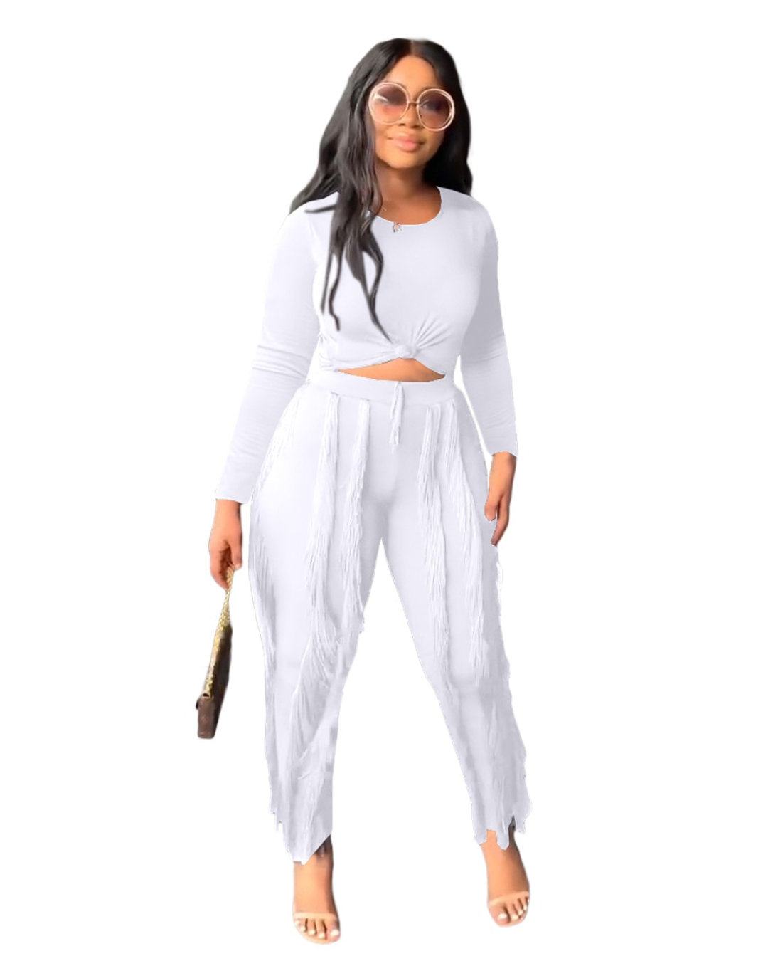 Tassel Knitted Two Piece Set White S 