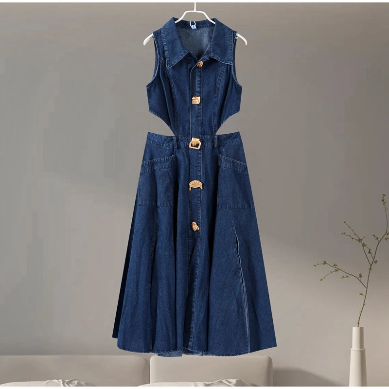 Sexy Sleeveless Denim Maxi Dress blue S