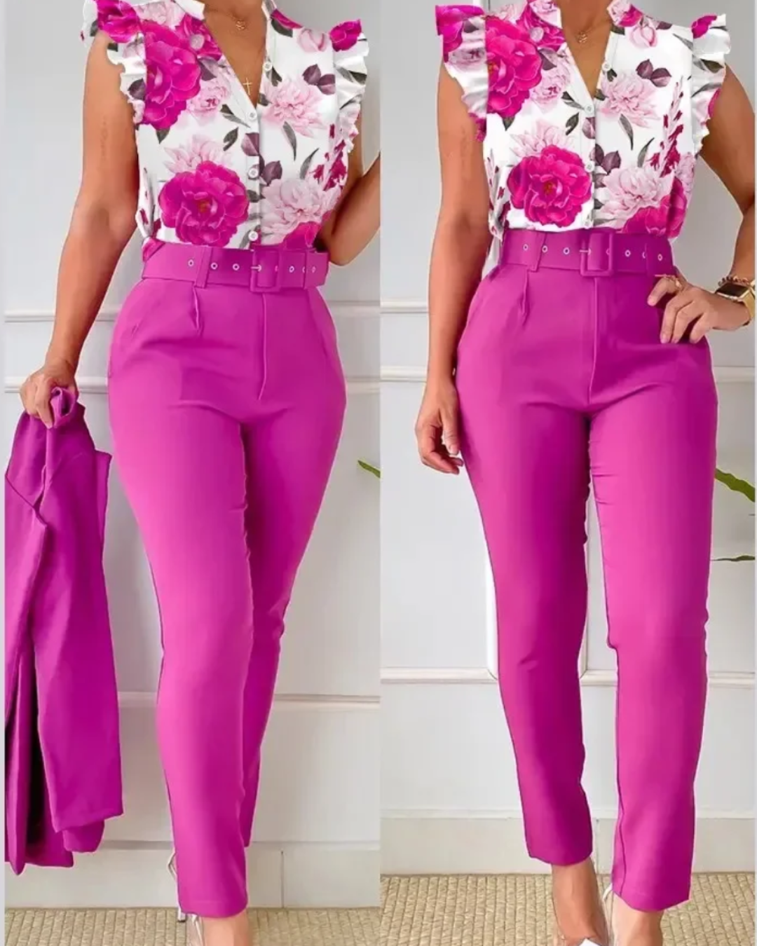 Floral Print Shirt and High Waist Pants with Belt Rose Pink S 