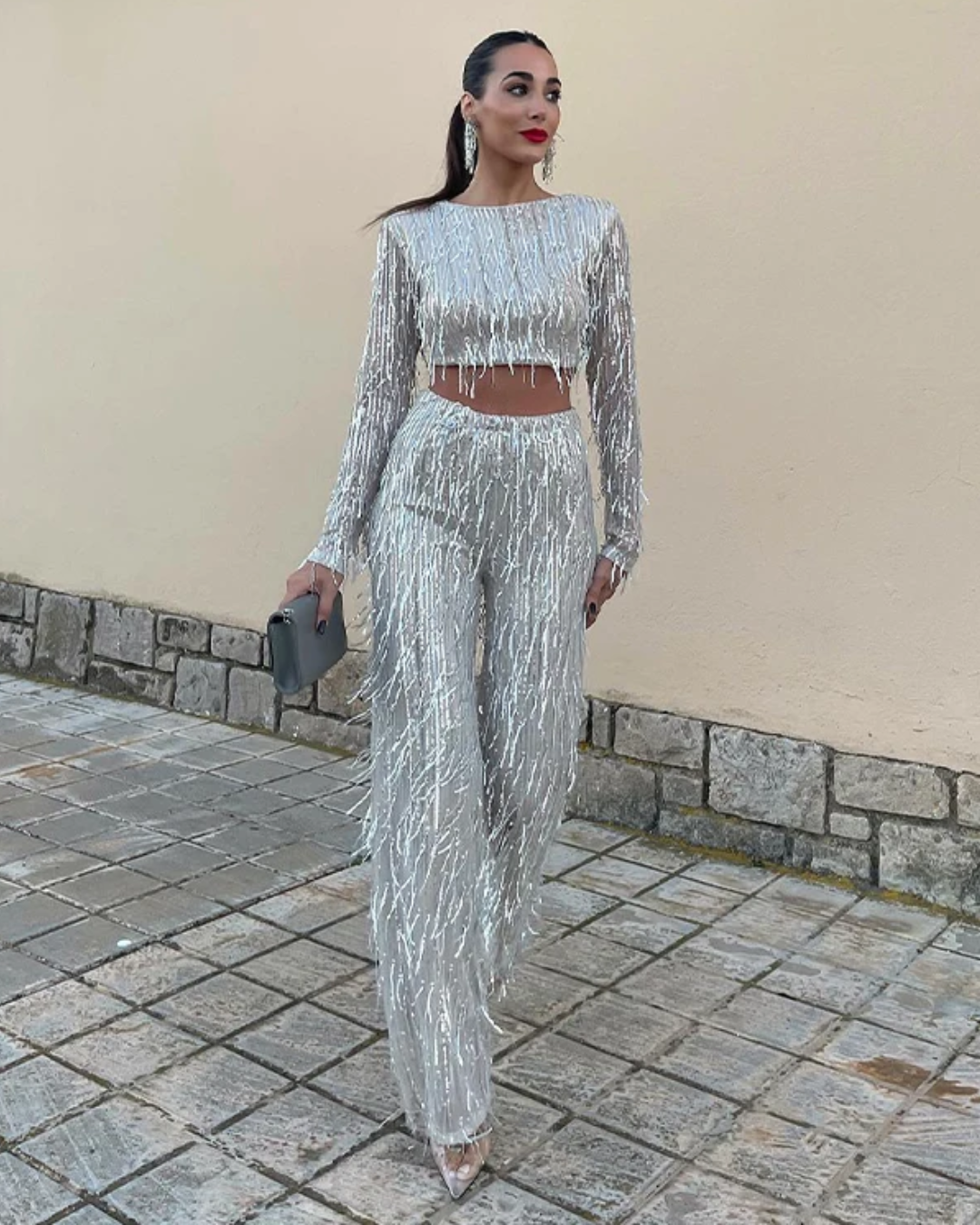 Tassel Sequin Two Pieces Set Silver S 