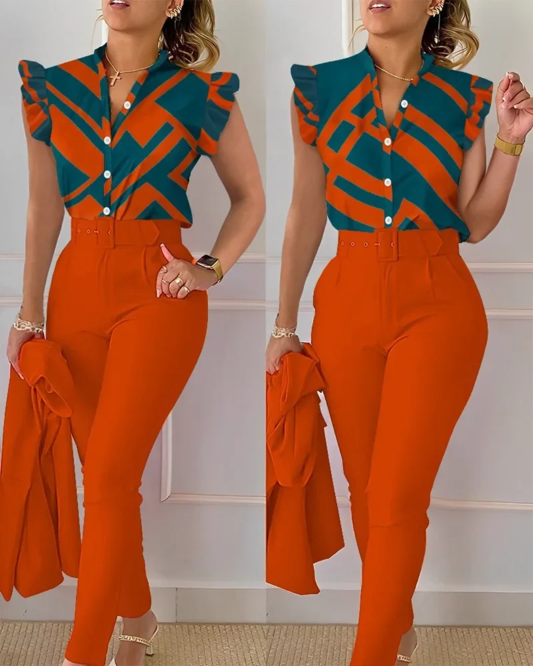 Floral Print Shirt and High Waist Pants with Belt Orange 1 S 