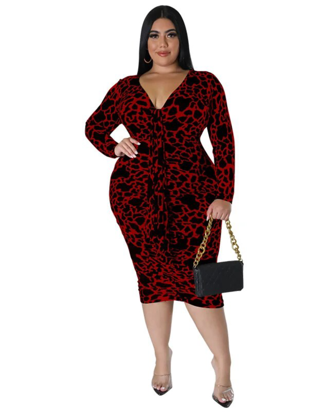 Plus Size Printed Long Sleeve Dress Red XL 