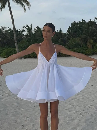 Sexy V-Neck Flare Sleeve Mini Dress White M