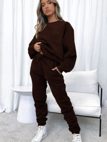Women's 2-Piece Corduroy Solid Color Pullover with Long Sleeves