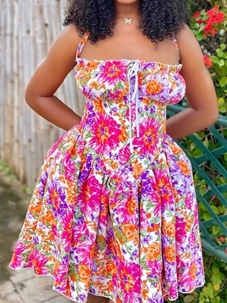 Sexy Floral Printed Pleated Halter-Neck Lace-Up Dress