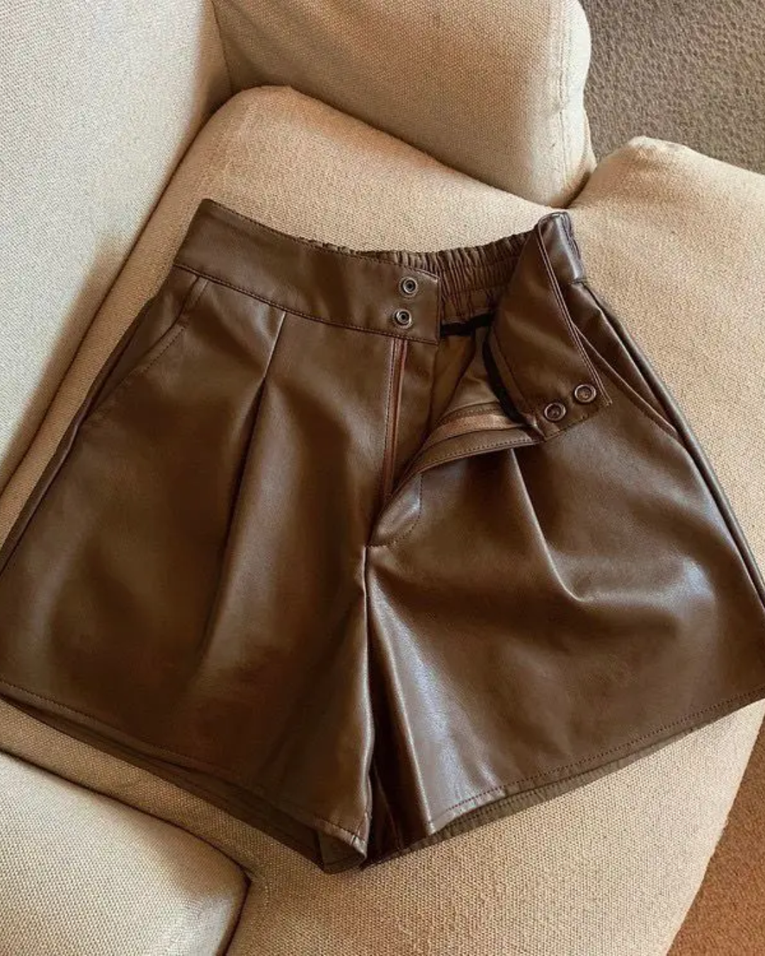 High Waist Leather Shorts Coffee S 