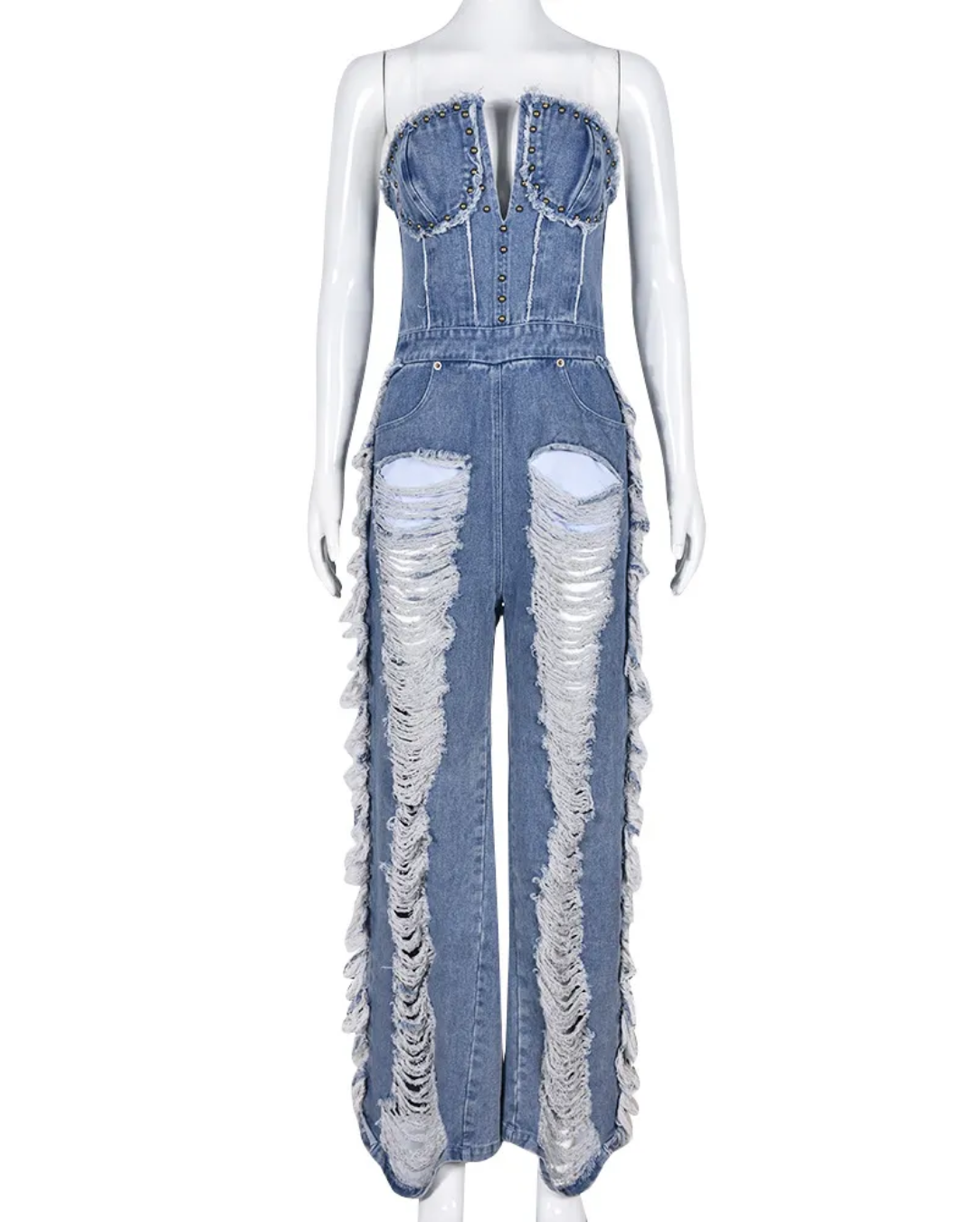 Off Shoulder Tassel Denim Jumpsuit   