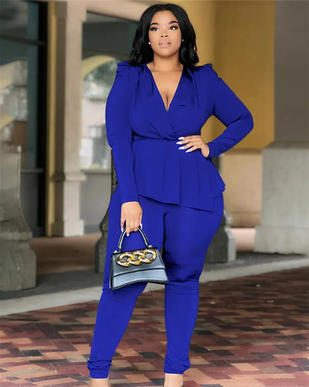 Plus Size Matching Top & Leggings Set Blue L 