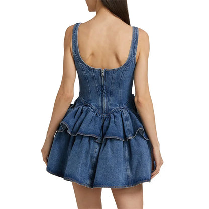 3D Flower Double-layer Denim Bow Mini Dress