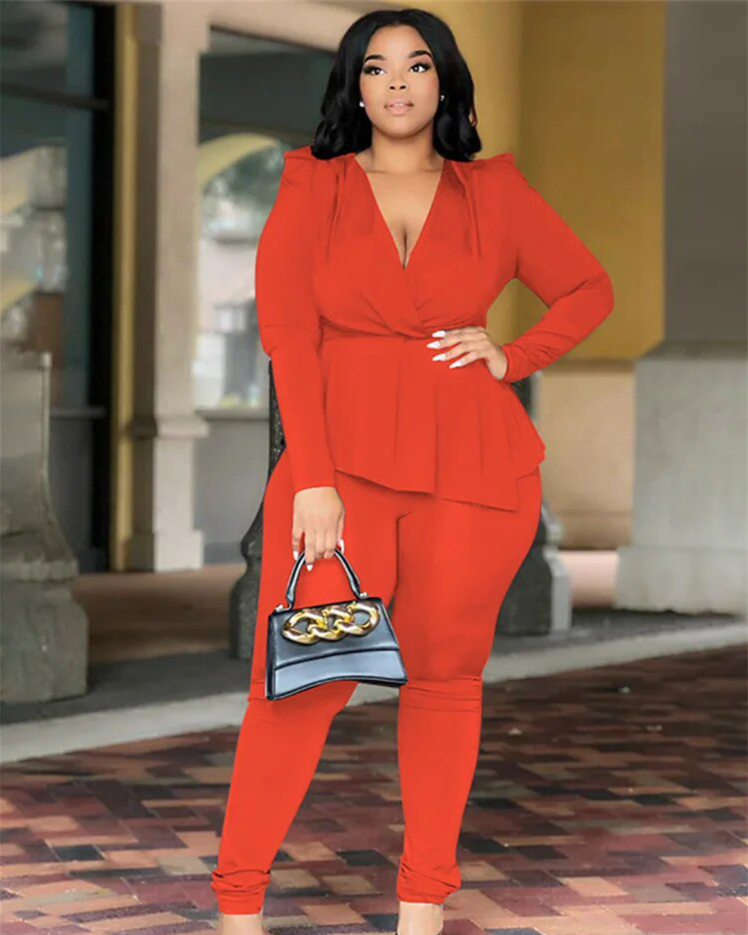 Plus Size Matching Top & Leggings Set Orange L 