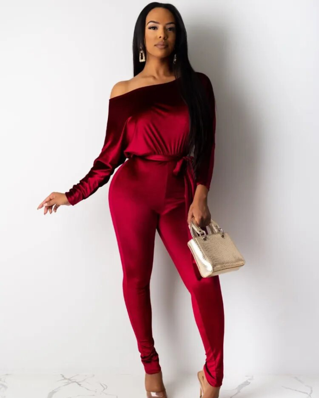One Shoulder Velour Jumpsuit Burgundy S 