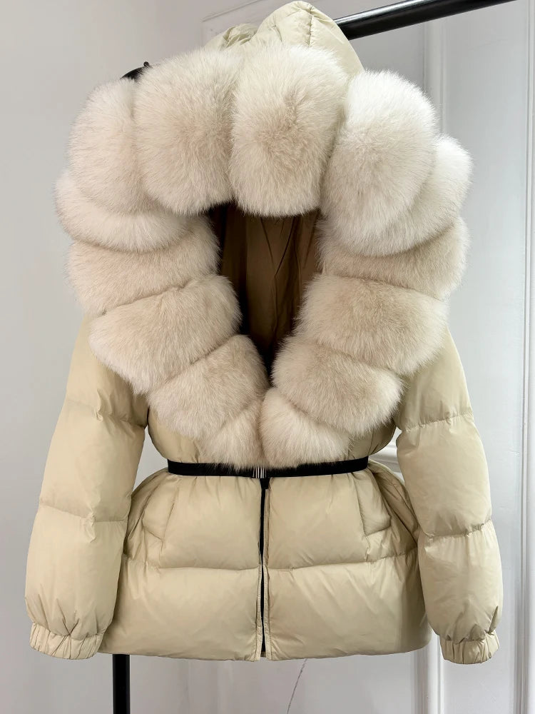 Winter Puffer Jacket Women Real Fox Fur Hooded Thick Warm