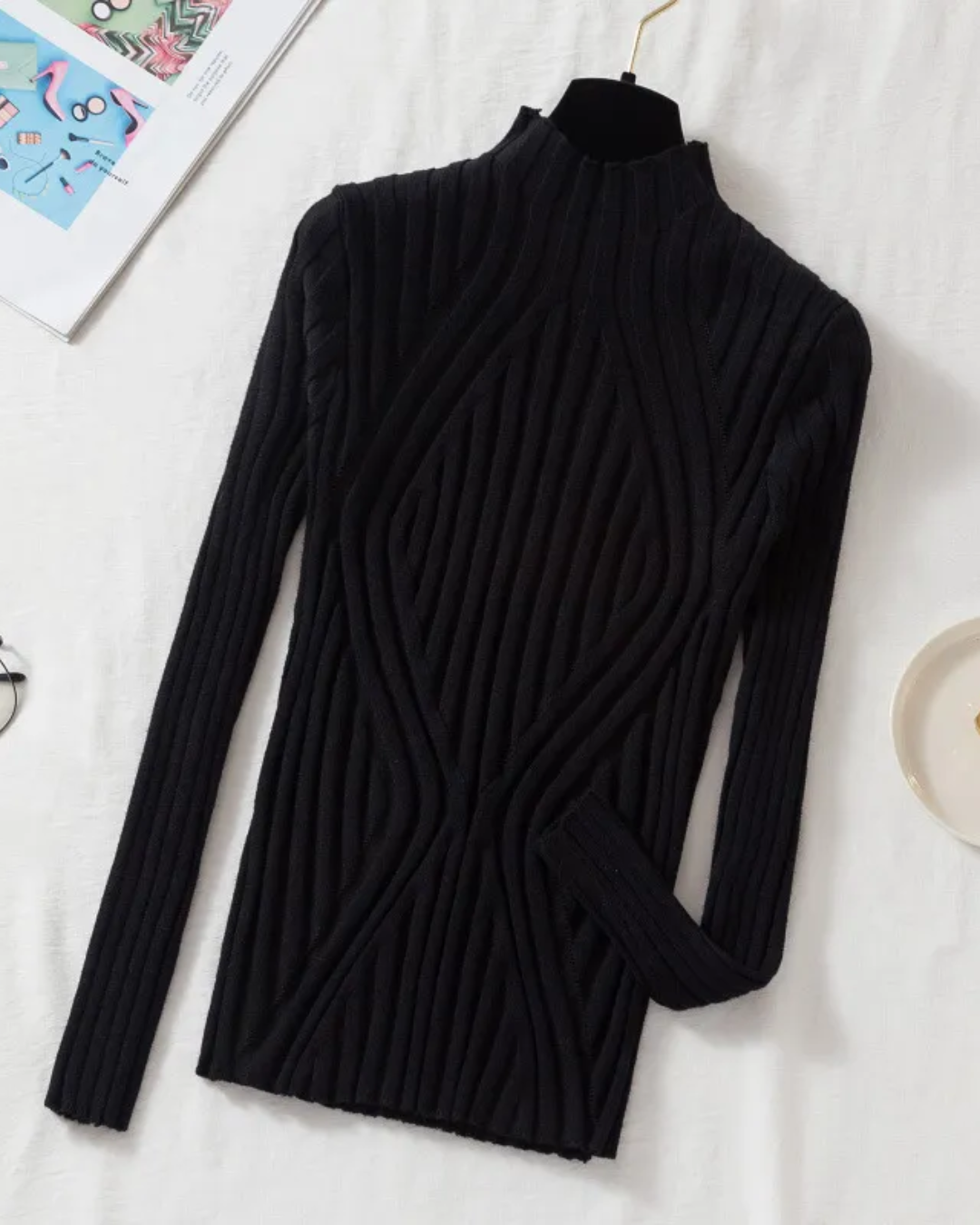 Half Turtleneck Long Sleeve Knitted Sweater Black One Size 