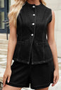 Casual Sleeveless High Waist Denim Shorts Set black M