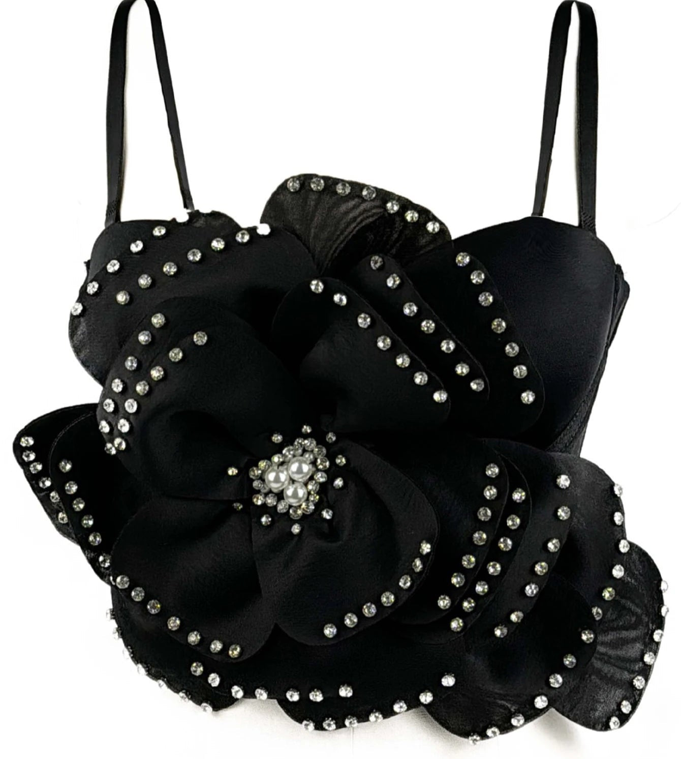 Sexy Beaded Flower Corset Crop Top Black S