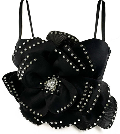 Sexy Beaded Flower Corset Crop Top Black S