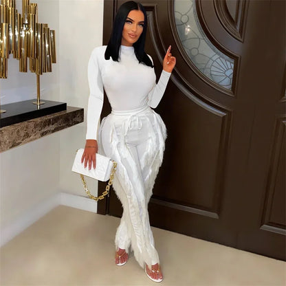 Long Sleeve Bodysuit Top and Tassel Pants Outfit WHITE L