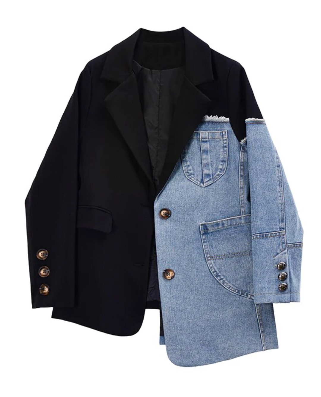 Denim Patchwork Long Sleeve Blazer Black & Blue S 