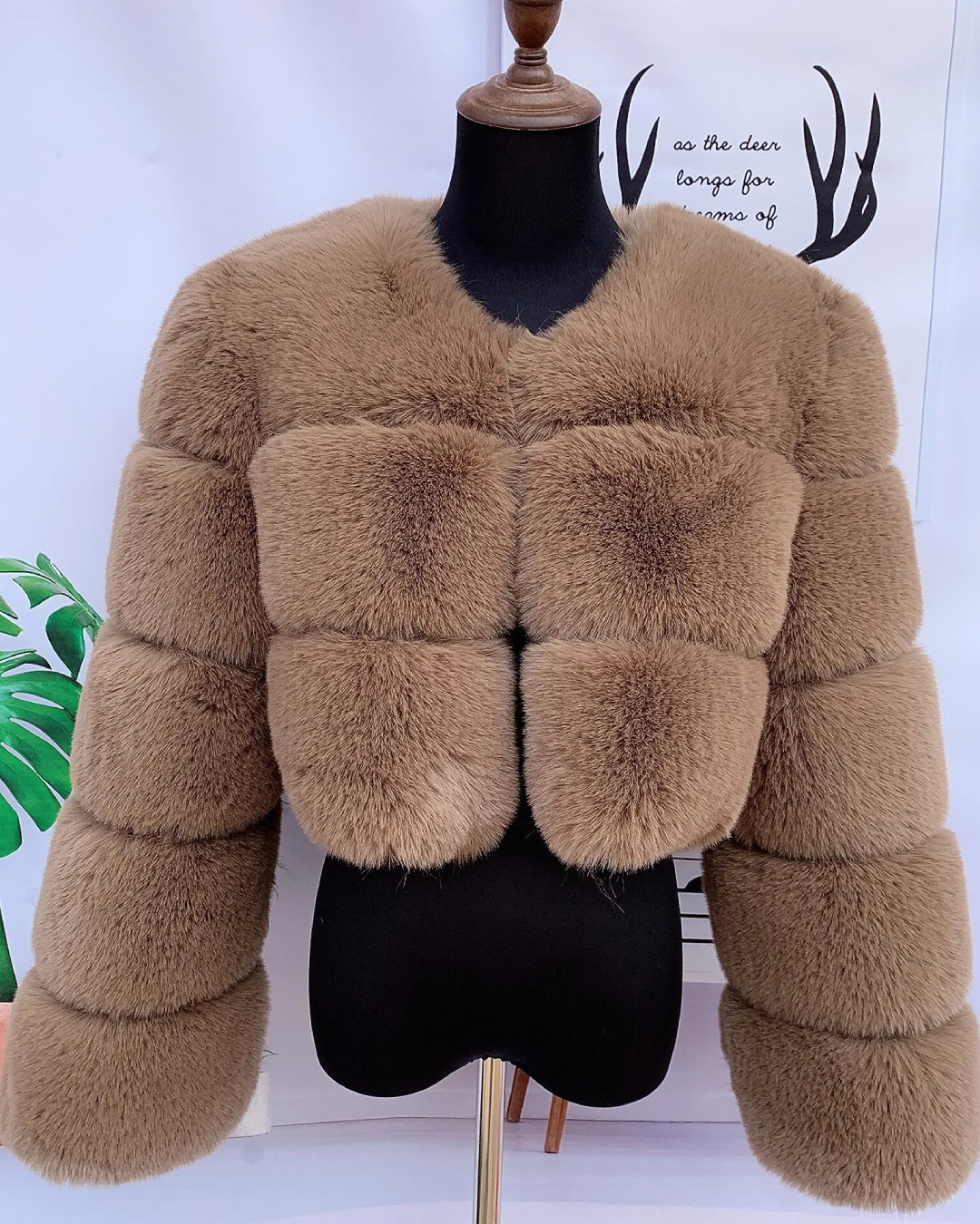 Faux Fur Thick Jacket Light Khaki S 