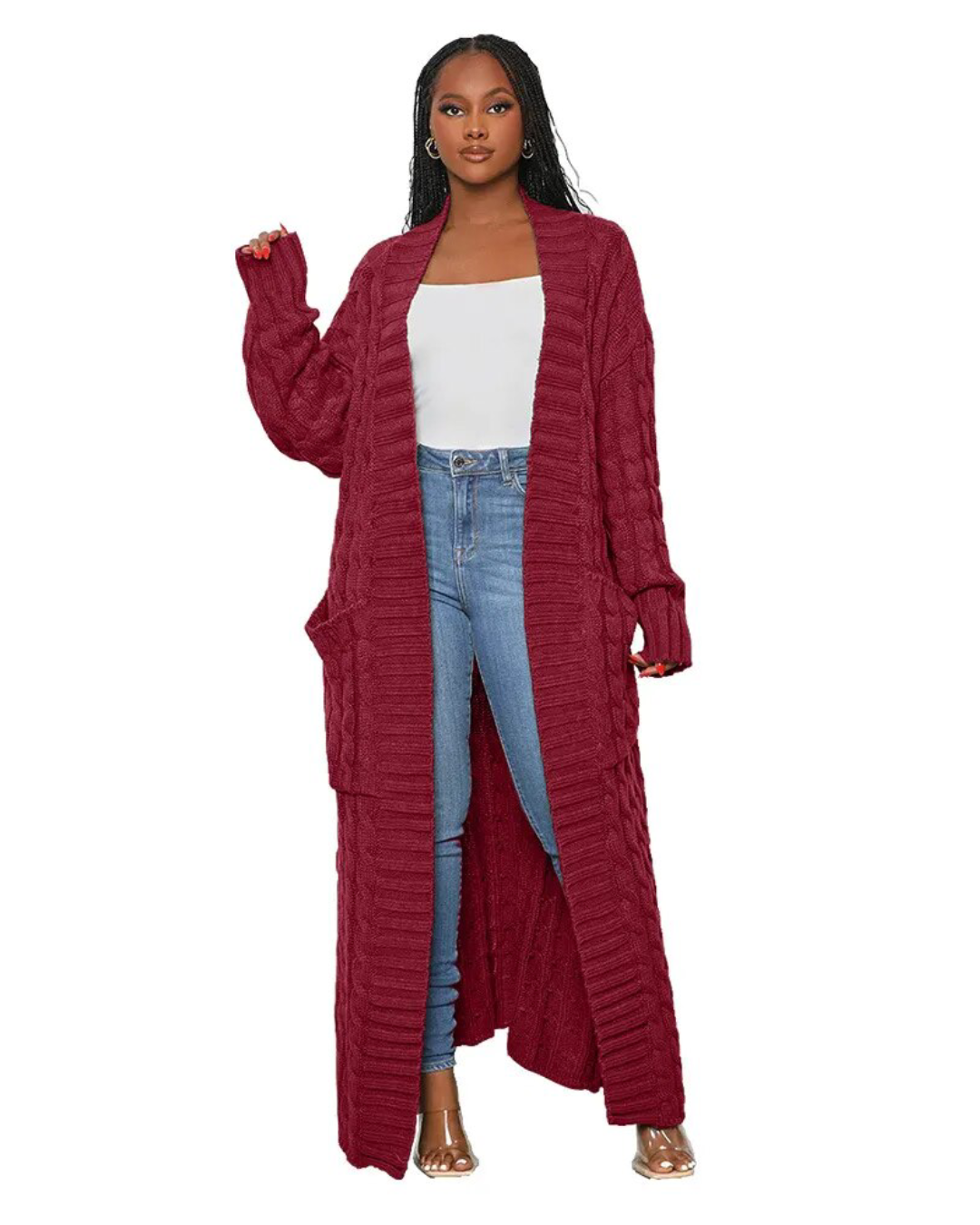 Long Knitted Cardigan V Neck Trench Coat Burgundy S 