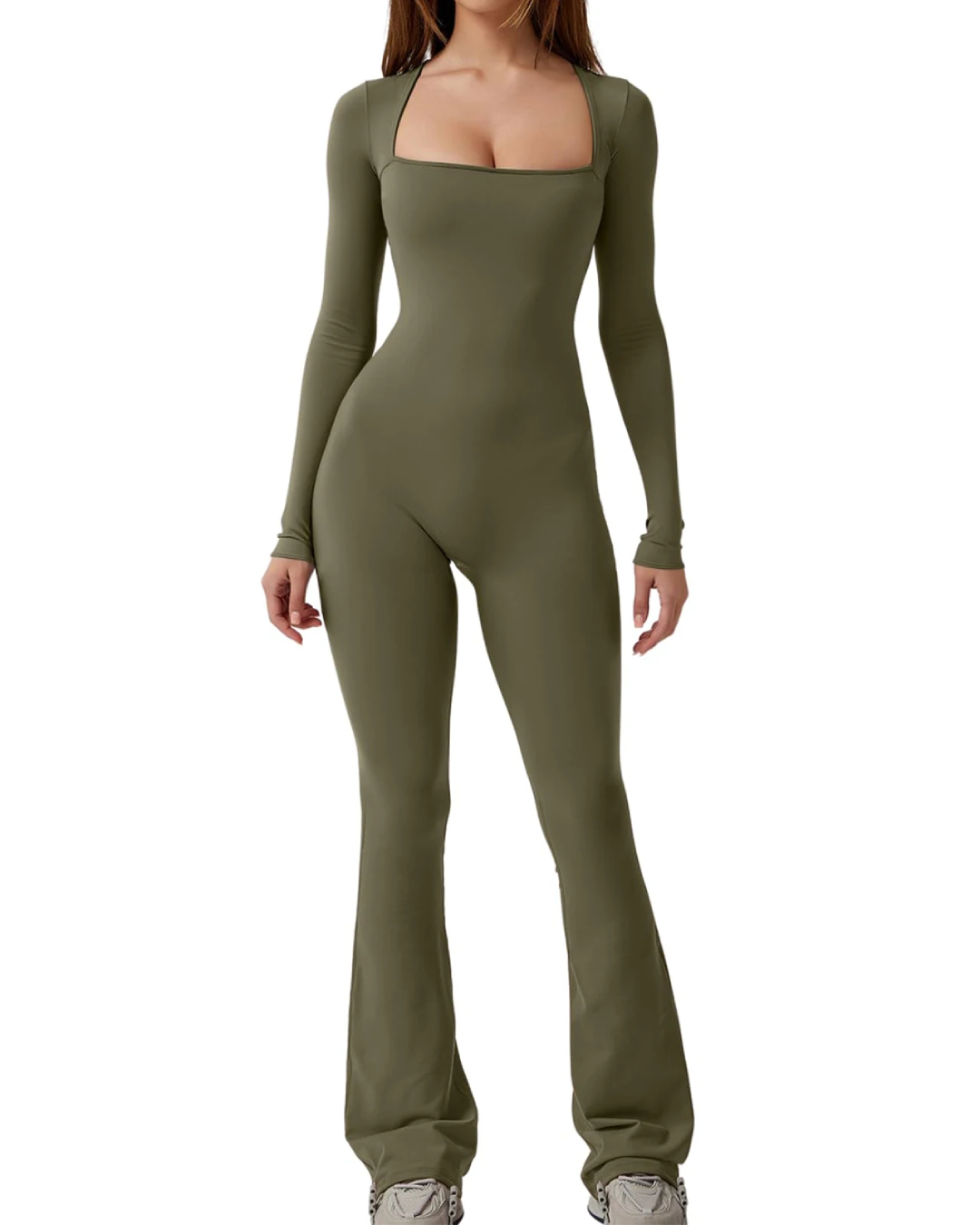 Long Sleeve Square Neck Jumpsuit Army Green S 