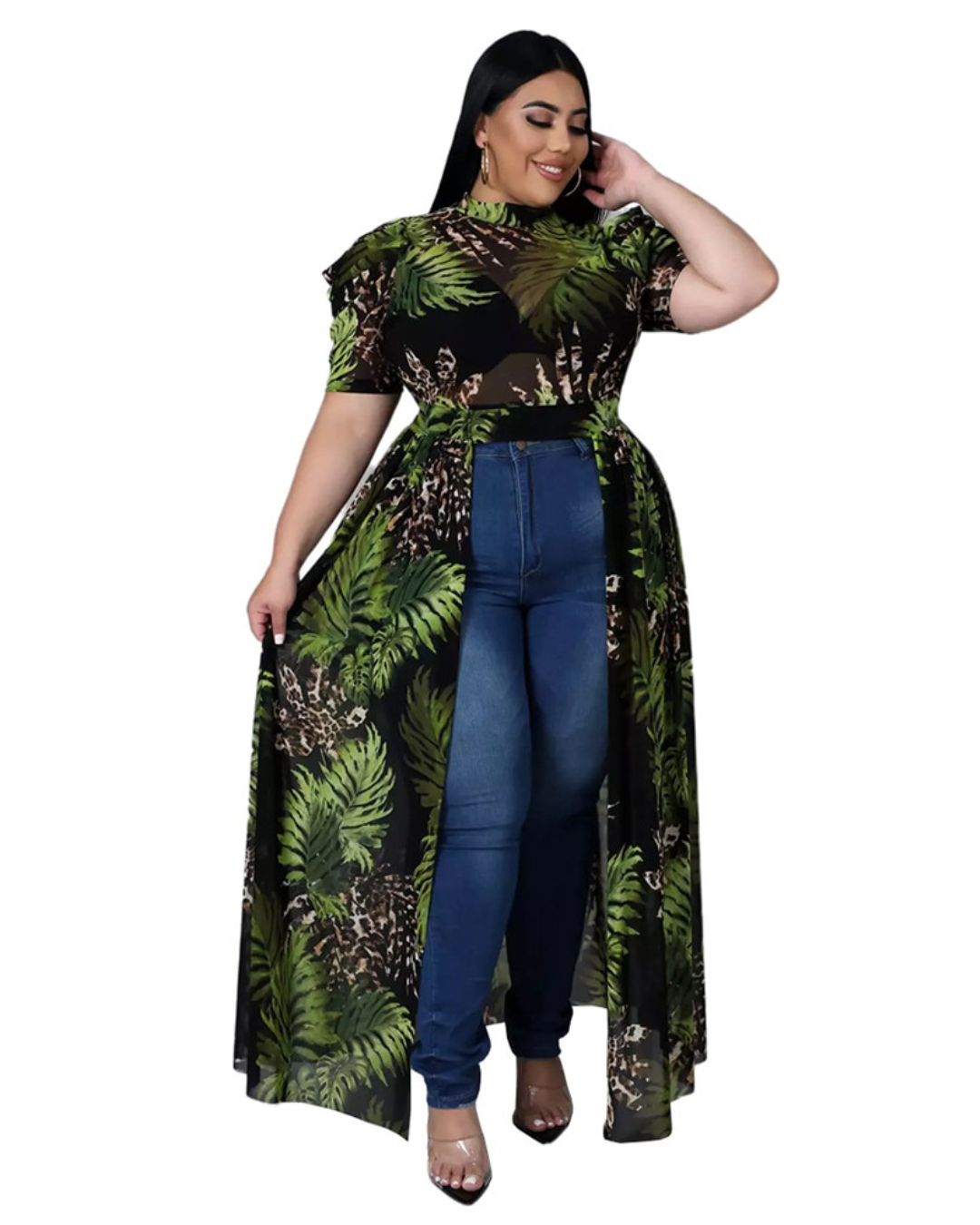 Plus Size Printed Mesh Shirt Green XL 