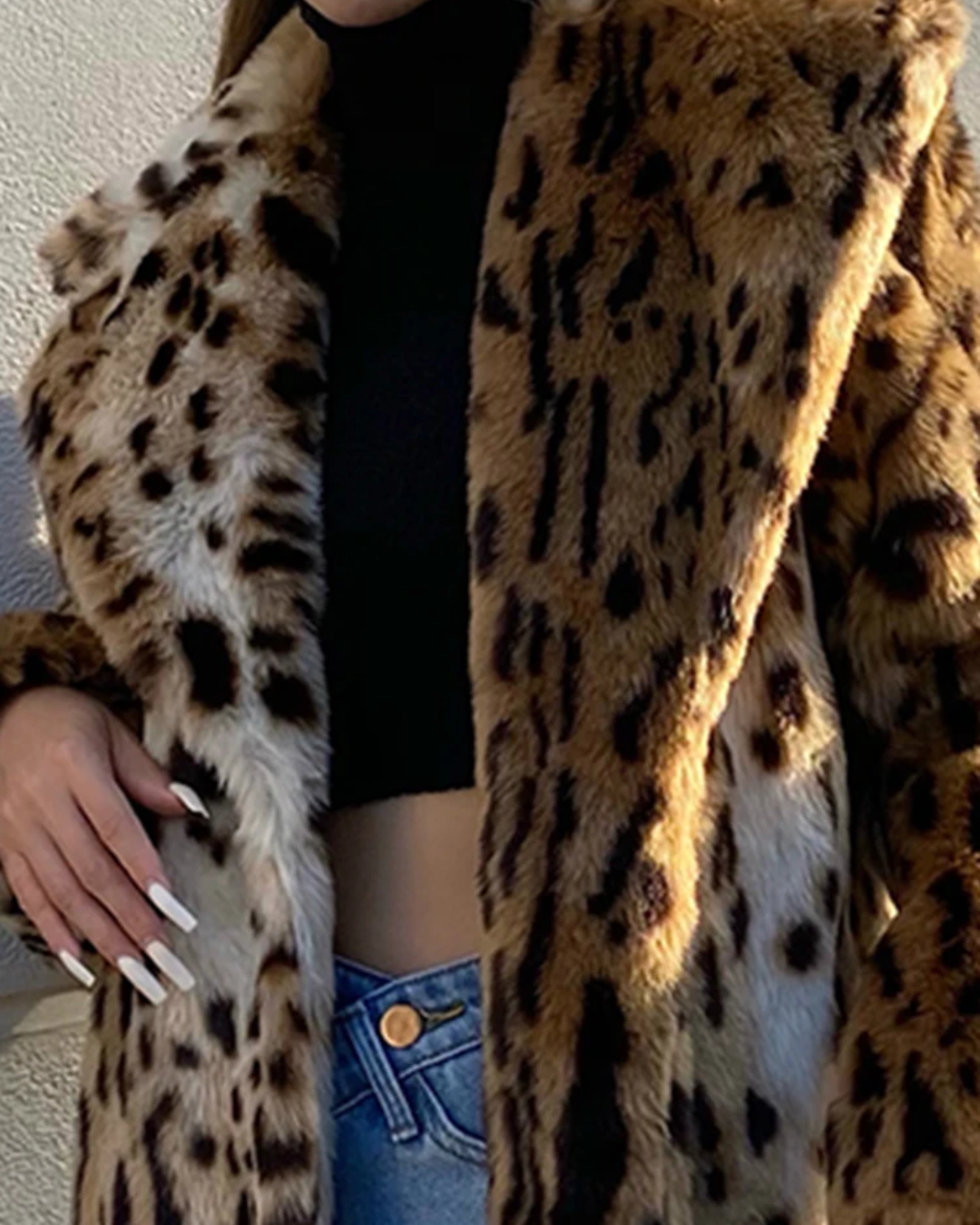 Leopard Print Faux Fur Long Coat   