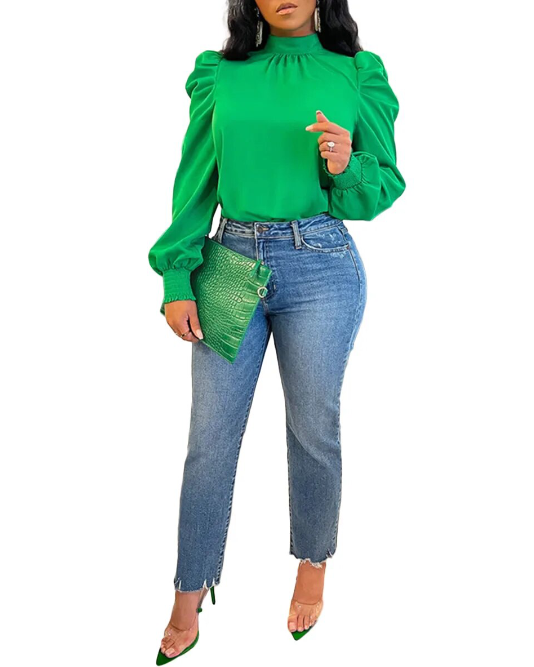 Solid Color Bubble Sleeve Back Lace Up Top Green S 