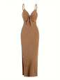 Sexy Ribbed Maxi Dress with Side Split Brown XS