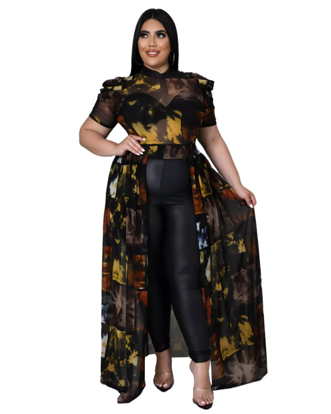 Plus Size Printed Mesh Shirt Black XL 