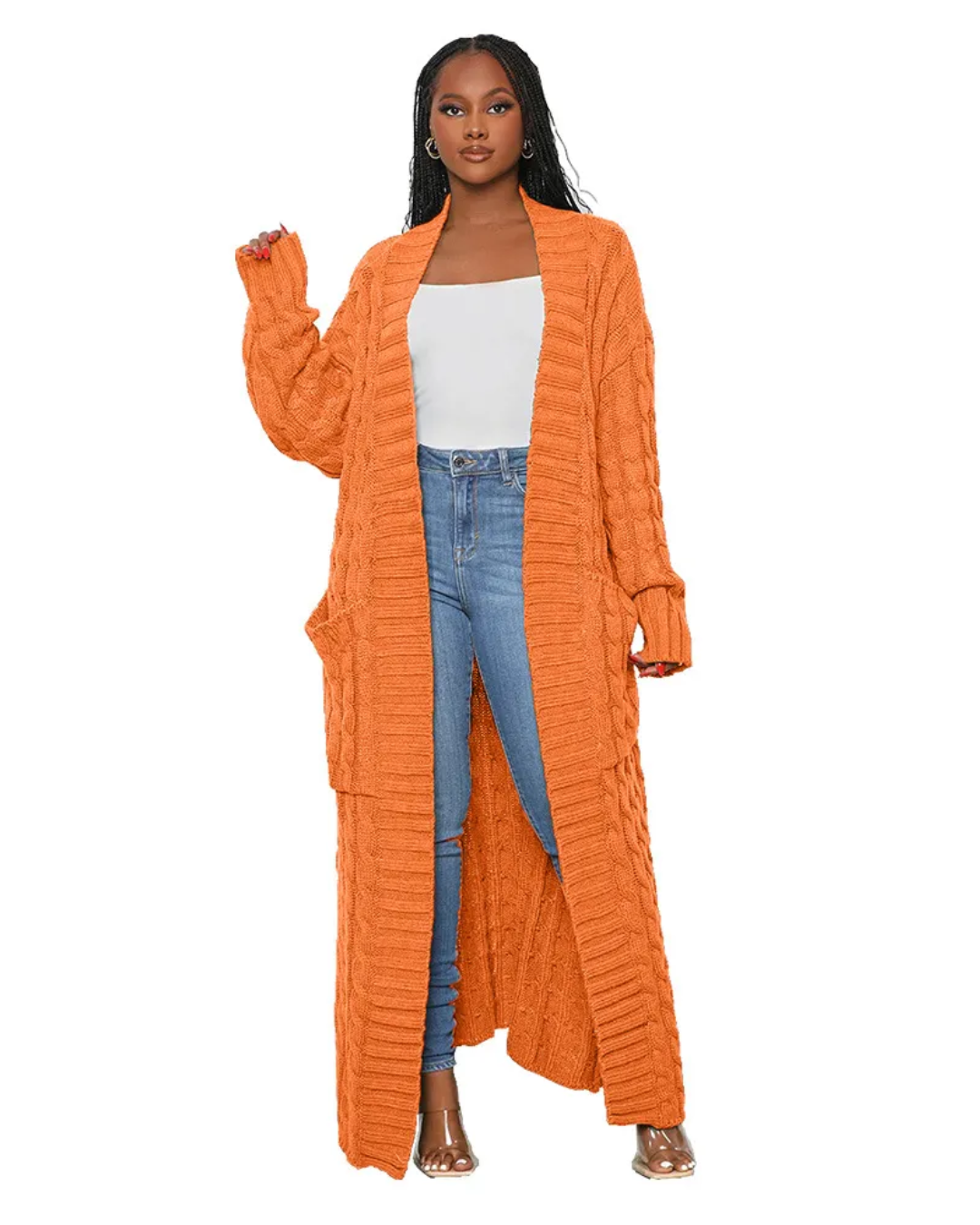 Long Knitted Cardigan V Neck Trench Coat Orange S 