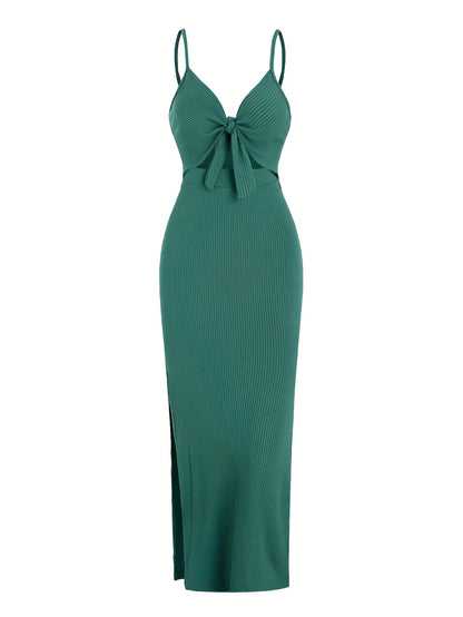 Sexy Ribbed Maxi Dress with Side Split green XS